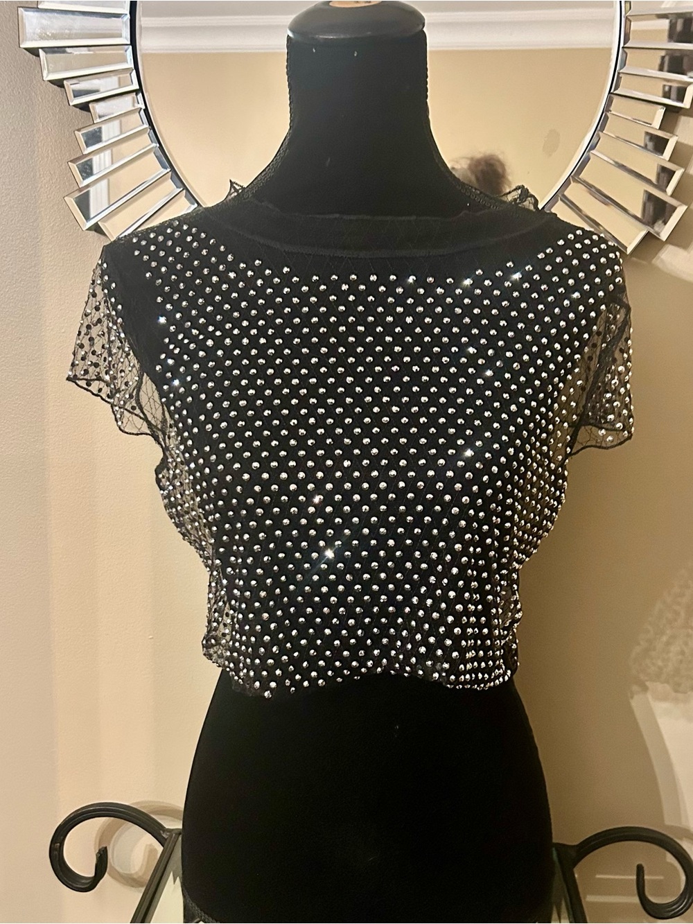 Hot & Delicious Black Crystal-Embellished Sheer Crop Top